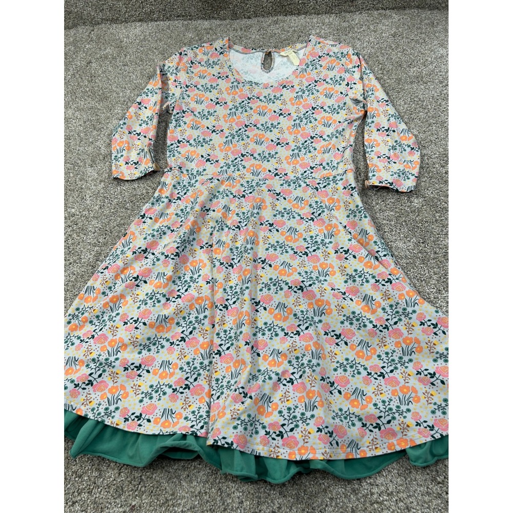 Matilda Jane x Joanna Gaines Floral Ruffle Hem Dress Gray Pink Green L #0689